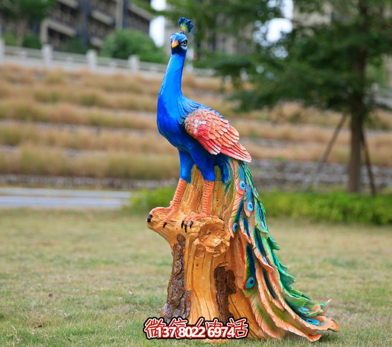 彩繪孔雀玻璃鋼雕塑，為公園街道擺放添彩