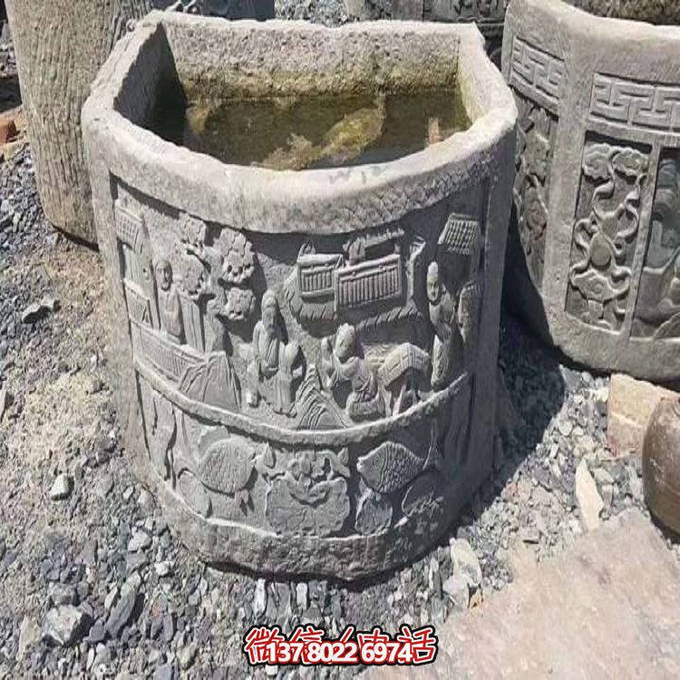 庭院石雕水缸青石做舊仿古浮雕缸雕塑 庭院石雕水缸青石做舊仿古浮雕缸雕塑