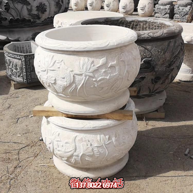 大理石漢白玉浮雕荷花養(yǎng)魚(yú)水缸庭院裝飾擺件