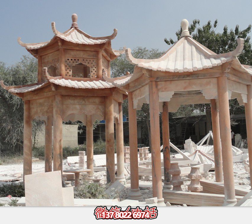 公園廣場(chǎng)擺放晚霞紅雙層頂休閑涼亭雕塑