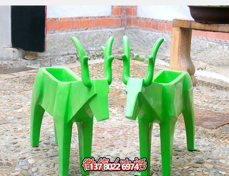 玻璃鋼幾何公園動物綠色鹿花盆雕塑 玻璃鋼幾何公園動物綠色鹿花盆雕塑