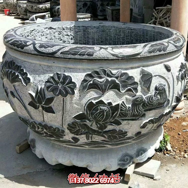 庭院大型青石仿古圓形魚缸石雕荷花缸雕塑 庭院大型青石仿古圓形魚缸石雕荷花缸雕塑