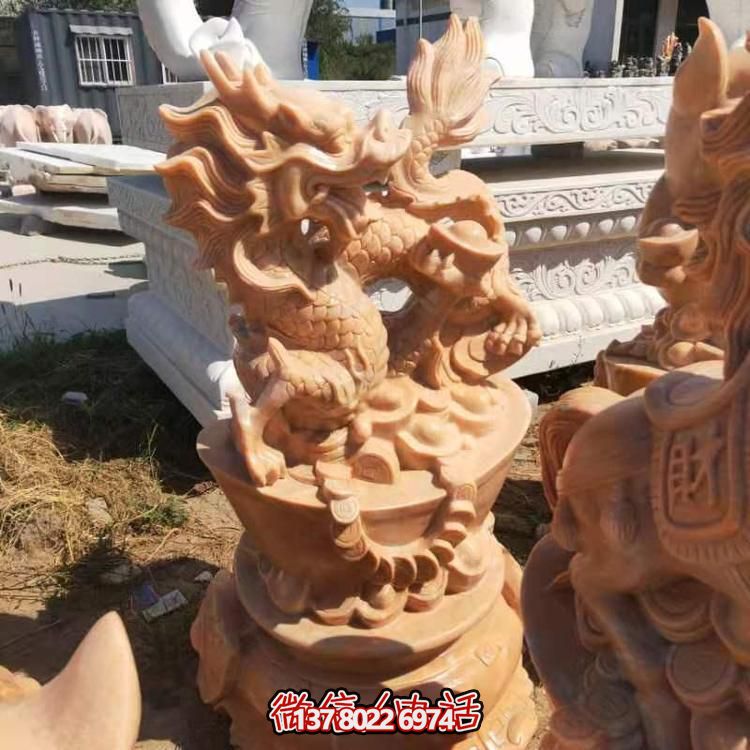店鋪開業(yè)擺放天然晚霞紅石雕麒麟招財進寶雕塑